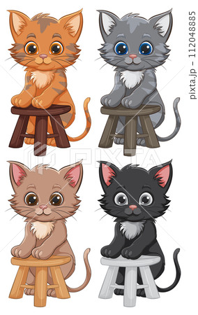 Adorable Cartoon Kittens on Stools 112048885