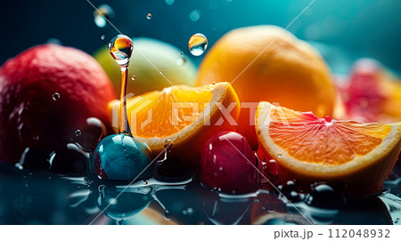 Fruit in water. Oranges, blueberries ,apples. Ai Generative 112048932