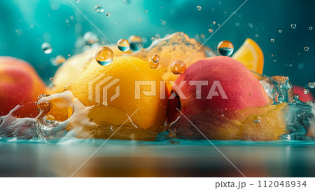 Fruit falling in water. Oranges, apples and lemon. Splashing water. Ai Generative 112048934