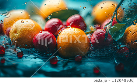 Fresh fruits - oranges,apples, and cherries in a splash of water. Refreshing, vibrant summer banner. Generative Ai image 112048936
