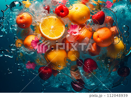 Fresh fruits - oranges, strawberries, lemons and cherries falling in water and making a splash. Refreshing, vibrant summer concept. Ai generative 112048939