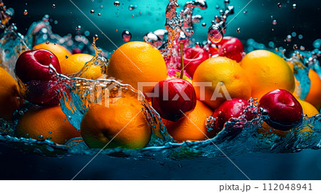 Fresh fruits - oranges,apples, and cherries in a splash of water. Refreshing, vibrant summer banner. Generative Ai image 112048941