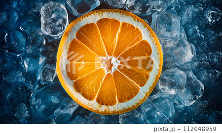 Orange slice on a frozen surface surrounded by ice cubes. Background, banner image. Generative Ai 112048959