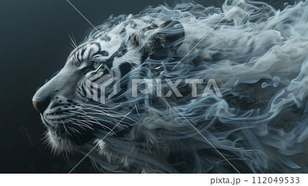 AI-generated content. Close Up Beautiful White Tiger with Floating Smoke Effect 112049533