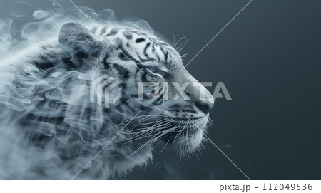 AI-generated content. Close Up Beautiful White Tiger with Floating Smoke Effect 112049536