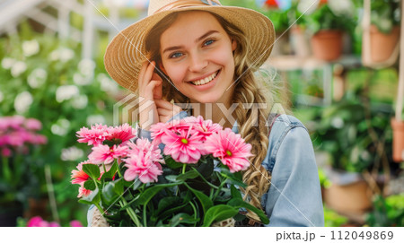 Young woman gardening in greenhouse.She selecting flowers. Young woman gardening in greenhouse.She selecting flowers. 112049869