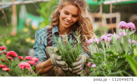 Young woman gardening in greenhouse.She selecting flowers. 112049878