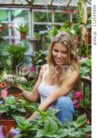 Young woman working  in greenhouse. She selecting garden flowers 112049896
