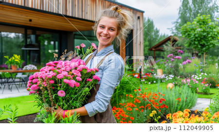 Young woman gardening in greenhouse.She selecting flowers. 112049905