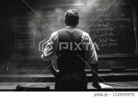 Rear view of a male science at a blackboard covered with chalk 112049976