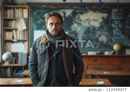 Male teacher standing in front of science blackboard 112049977
