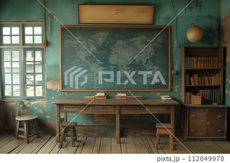An empty school classroom in retro style with a blackboard 112049978