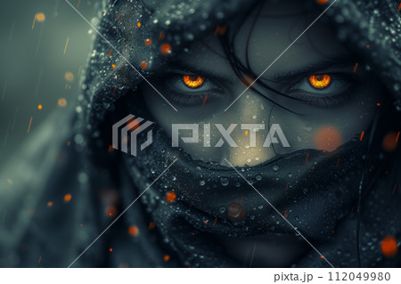 Portrait of a girl wrapped in a scarf with a demonic look and glowing eyes 112049980