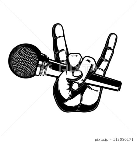 Human hand with microphone. Design element for sign, logo, label, t shirt. Vector illustration Human hand with microphone. Design element for sign, logo, label, t shirt. Vector illustration 112050171