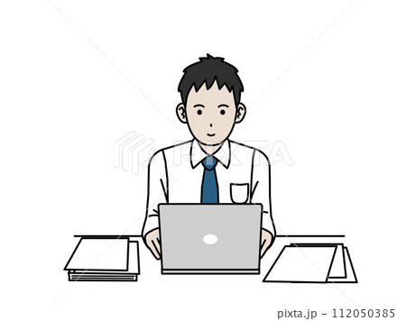 パソコン作業をして働く若い会社員の男性のイラスト 112050385