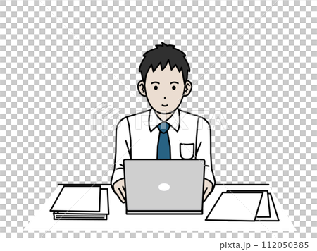 パソコン作業をして働く若い会社員の男性のイラスト 112050385
