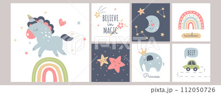 Cute boho baby posters with rainbow, moon, stars, unicorn in Scandinavian style 112050726