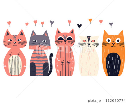 image row colorful cartoon cats decorative patterns vector illustration 112050774