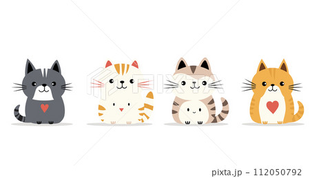Four cute cartoon cats sitting row simple vector illustration Four cute cartoon cats sitting row simple vector illustration 112050792