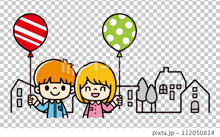 Smiling children with balloons standing in a residential area 112050814