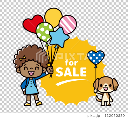 カラフルな風船を持つ黒人の少女と犬のイラスト 112050820
