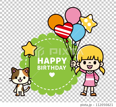 Illustration of a girl and cat holding many balloons Illustration of a girl and cat holding many balloons 112050821