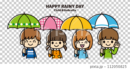 Illustration of kindergarten children smiling and holding umbrellas 112050825