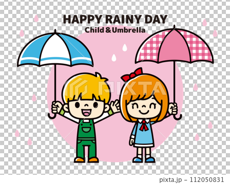 Illustration of a boy and girl smiling and holding an umbrella 112050831