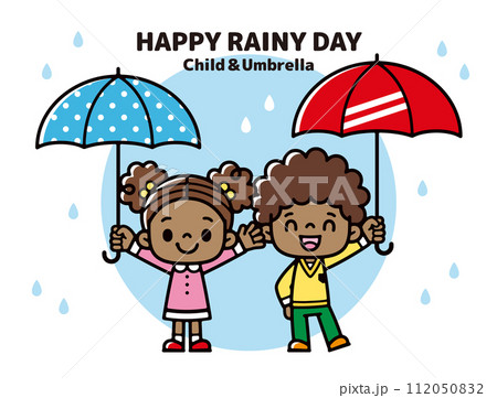 雨の日に楽しそうに傘を持つ黒人の子供たちのイラスト 雨の日に楽しそうに傘を持つ黒人の子供たちのイラスト 112050832