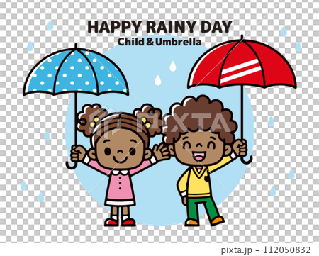 雨の日に楽しそうに傘を持つ黒人の子供たちのイラスト 雨の日に楽しそうに傘を持つ黒人の子供たちのイラスト 112050832