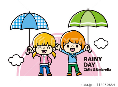笑顔で傘を掲げる男の子と女の子のイラスト 112050834
