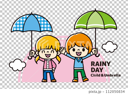 笑顔で傘を掲げる男の子と女の子のイラスト 112050834