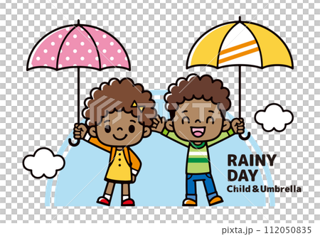 Illustration of black children cheerfully holding umbrellas 112050835