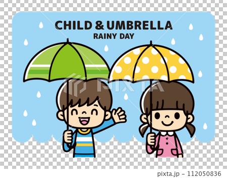 Illustration of a boy and a girl holding colorful umbrellas 112050836