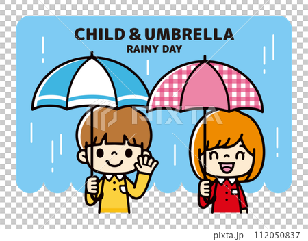 Illustration of children holding colorful umbrellas on a rainy day 112050837