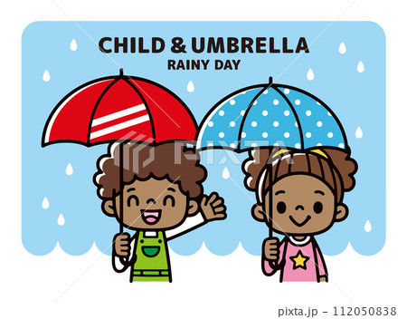 雨の日に傘をさす黒人の男の子と女の子のイラスト 112050838