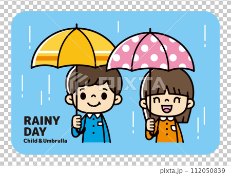 Illustration of a boy and a girl holding colorful umbrellas 112050839