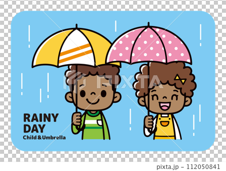 Illustration of a black boy and girl holding an umbrella on a rainy day 112050841