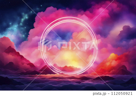 Abstract background with glowing circle over beautiful with magical clouds, futuristic landscape. Abstract background with glowing circle over beautiful with magical clouds, futuristic landscape. 112050921