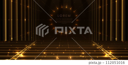 Elegant golden scene circle glowing with lighting effect sparkle on black background. Luxury premium award design. 112051016