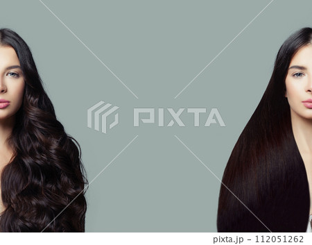 Woman head with wavy and straight hair. Healthy hair styling and hair care concept 112051262