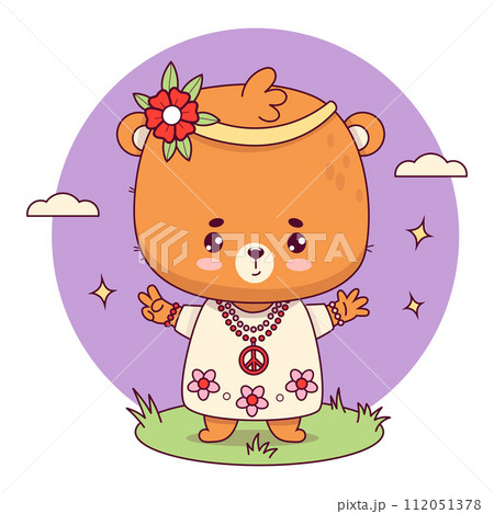 Cute hippy bear girl. Funny animal retro groovy kawaii character. Cool vector illustration in trendy 70s style. Kids collection. Cute hippy bear girl. Funny animal retro groovy kawaii character. Cool vector illustration in trendy 70s style. Kids collection. 112051378