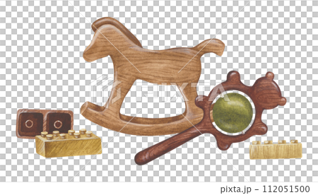 Wooden Baby Toys Watercolor illustration. Hand drawn on white isolated background. Painting of kids rocking horse and rattle. Drawing of constructor. For vintage cards and prints 112051500