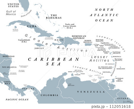 The Caribbean Sea and its islands, gray political map. The Caribbean, subregion of the Americas, with the West Indies, compromising independent island countries and dependencies in three archipelagos. The Caribbean Sea and its islands, gray political map. The Caribbean, subregion of the Americas, with the West Indies, compromising independent island countries and dependencies in three archipelagos. 112051618