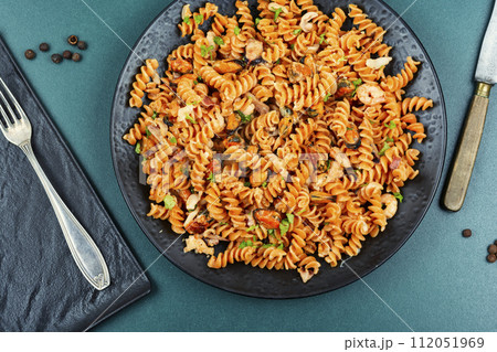 Pasta with mussels and shrimp. 112051969