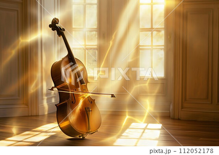 AI-generated content. Sunlit Sonata: Cello in Morning Rays 112052178