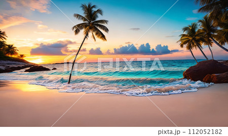 A sunset paints the sky in hues of orange pink over a tranquil beach with a palm tree swaying gently. Generative AI. 112052182