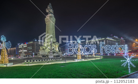 Panorama showing the Marques de Pombal square with monument and Christmas lights night timelapse. Lisbon, Portugal Panorama showing the Marques de Pombal square with monument and Christmas lights night timelapse. Lisbon, Portugal 112052183