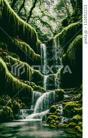 Enchanted Waterfall. A waterfall cascades down moss-covered rocks, revealing a secret grotto behind its veil. Enchanted Waterfall. A waterfall cascades down moss-covered rocks, revealing a secret grotto behind its veil. 112052211