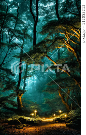 Moonlit Forest Glade. Amidst ancient trees, a moonbeam illuminates a hidden glade. Moonlit Forest Glade. Amidst ancient trees, a moonbeam illuminates a hidden glade. 112052213